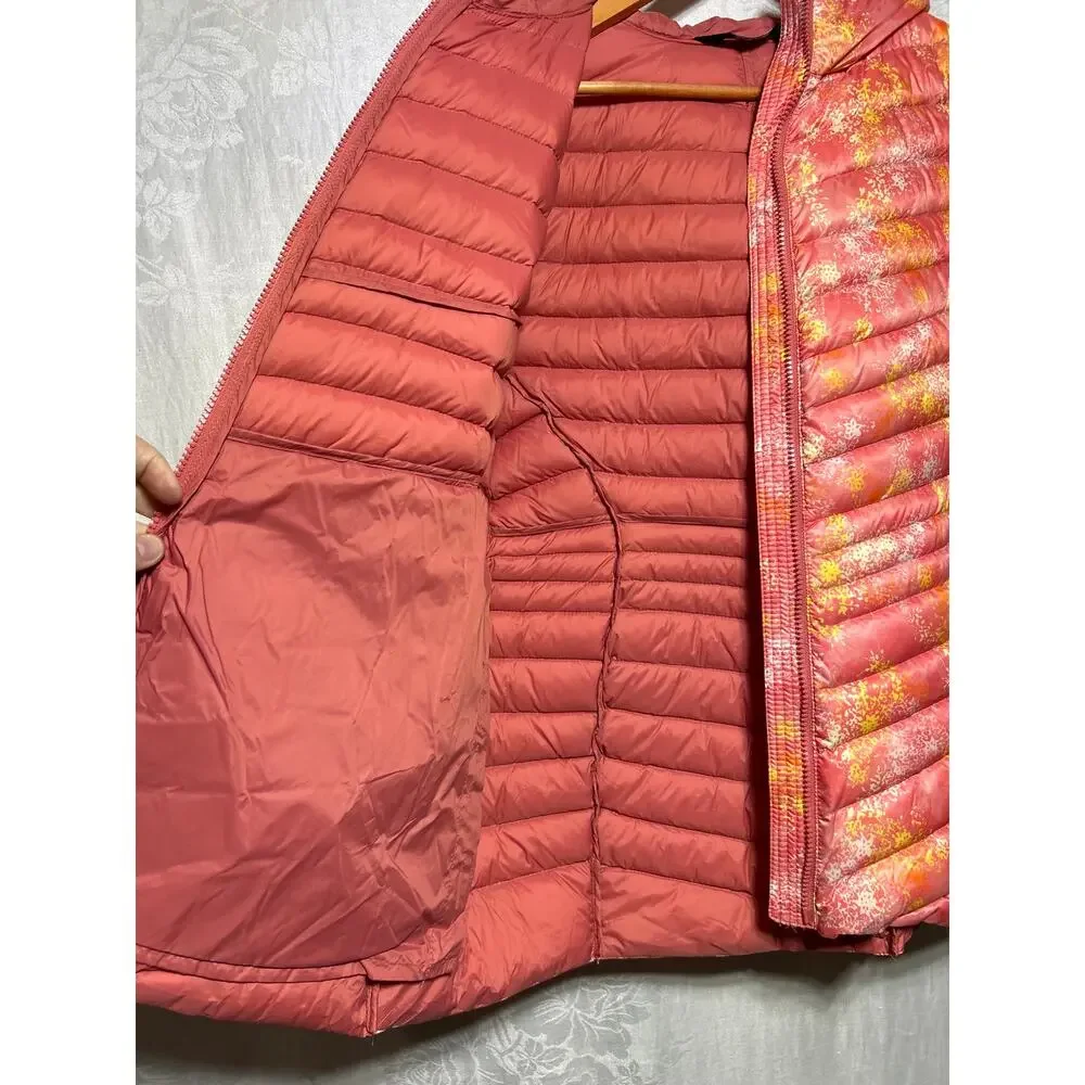 Lands End Puffer Coat Large 14 16 Down Filled Packable NEW Pink Yellow Abstract - Picture 10 of 12